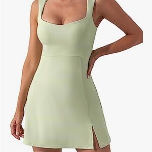 Light green: Square neck sleeveless slit mini active dress